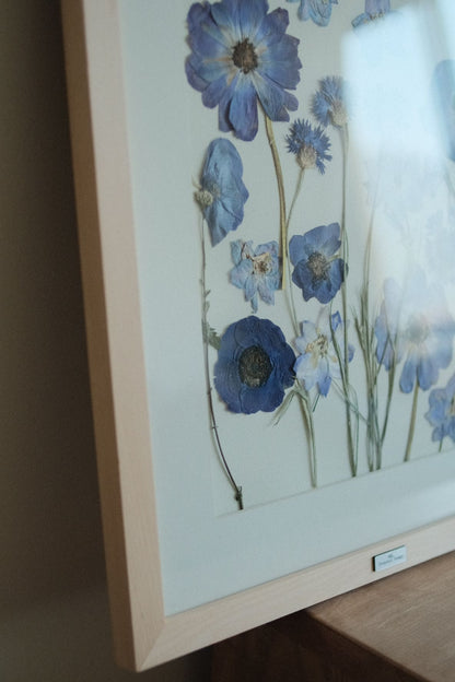 Melodía azul | flores prensadas enmarcadas en Mañío